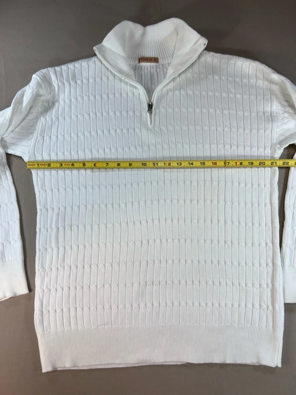 Textured Quarter Zip White Pullover Sweater Cable Knit Style Mock Neck Mens L